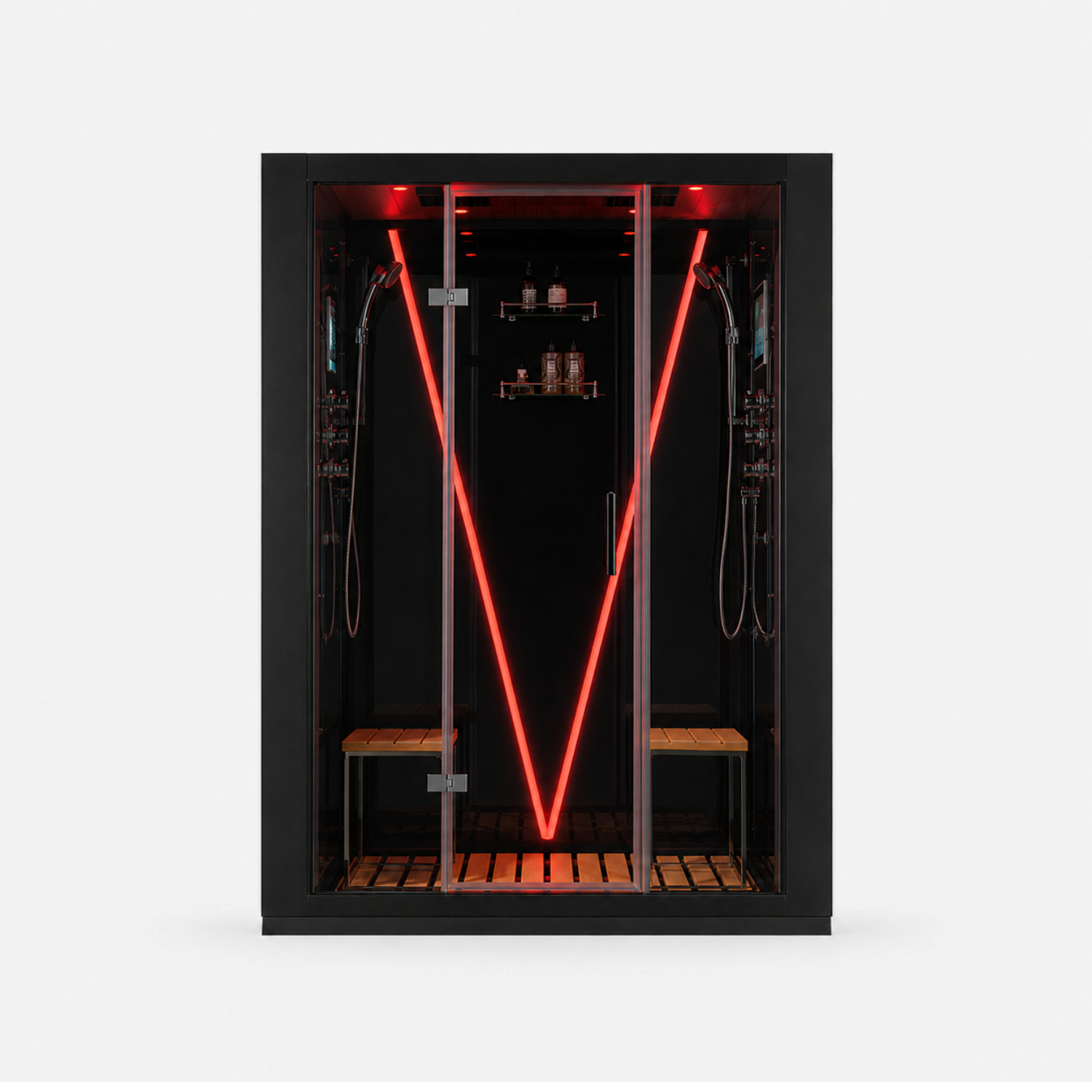 A modern steam room or sauna cabin with a black exterior frame and glass doors, featuring a warm red LED light V-shaped installation inside, wooden benches, and shower fixtures.