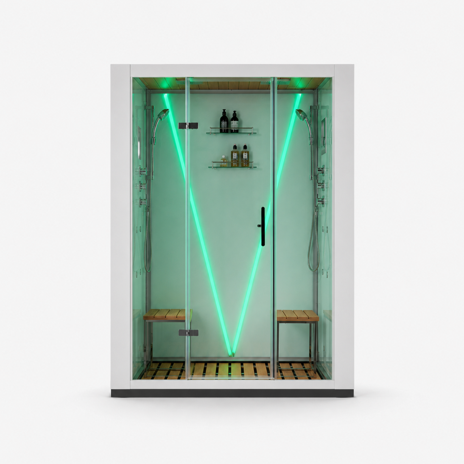 A modern glass shower enclosure with a white exterior frame, featuring a green LED light V-shaped installation inside, wooden benches, and shelves with toiletries, shown on a light gray background.