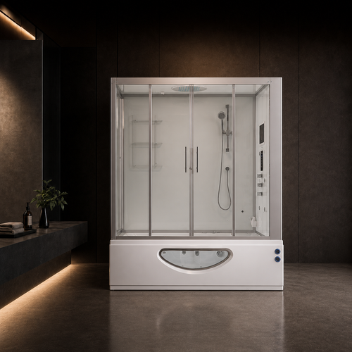 A modern freestanding walk-in steam shower enclosure with a white base, clear glass doors, and an integrated shower system, shown in a dark minimalist bathroom setting.