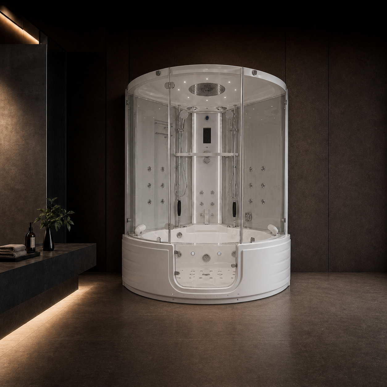A modern round hot tub with a clear glass enclosure and built-in shower system, shown in a dark, minimalist bathroom setting.