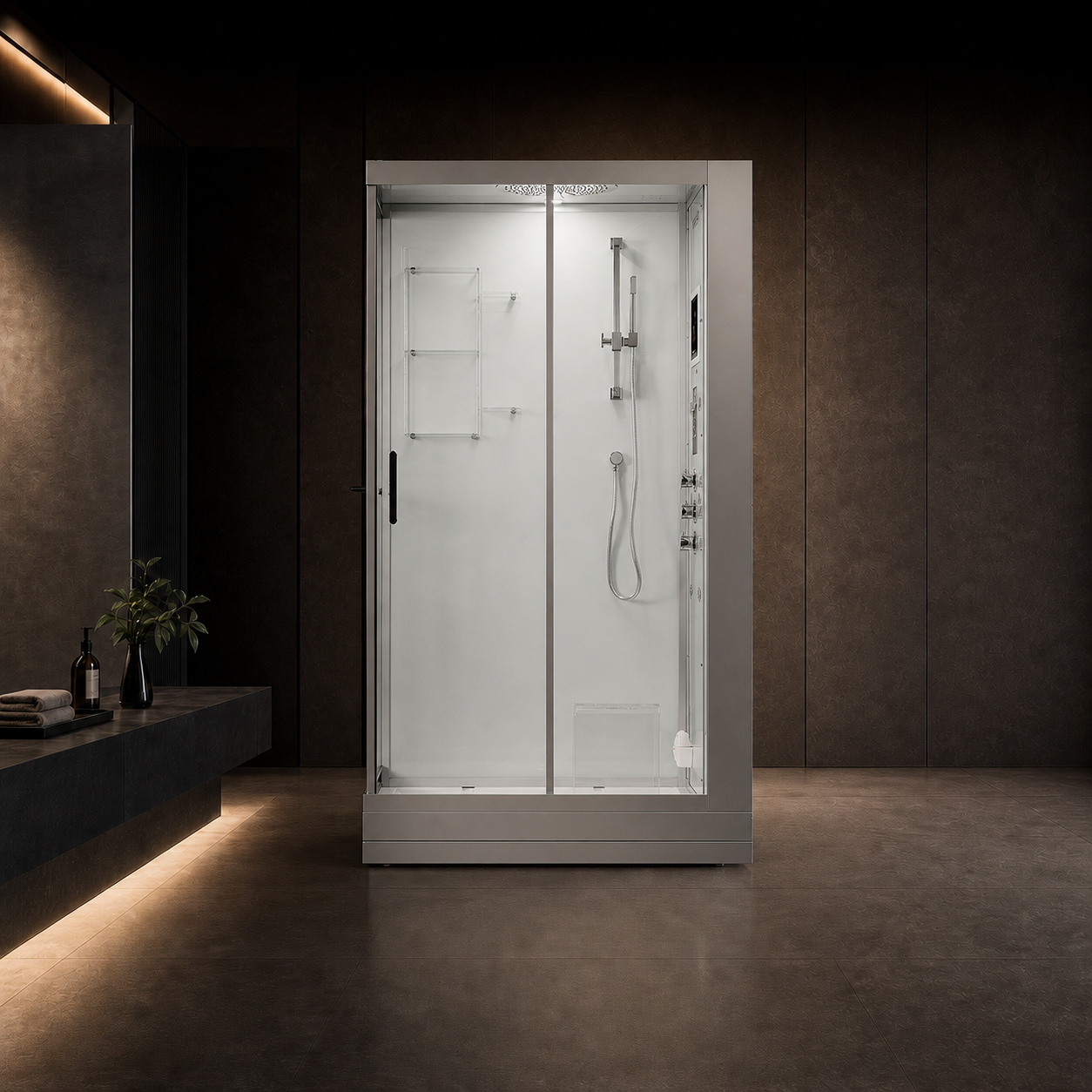 A modern walk-in shower enclosure with frosted glass doors and a chrome shower system, set in a dark, minimalist bathroom interior.