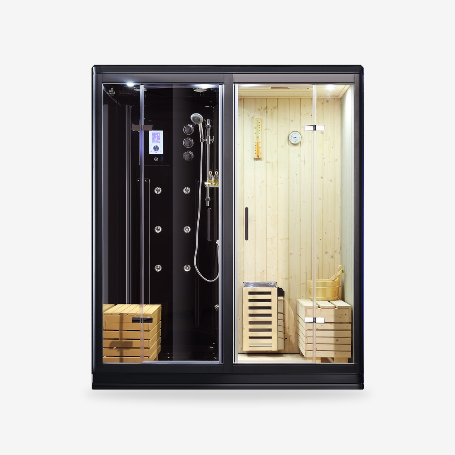 Modern steam shower cabin with glass door and wooden interior on a white background