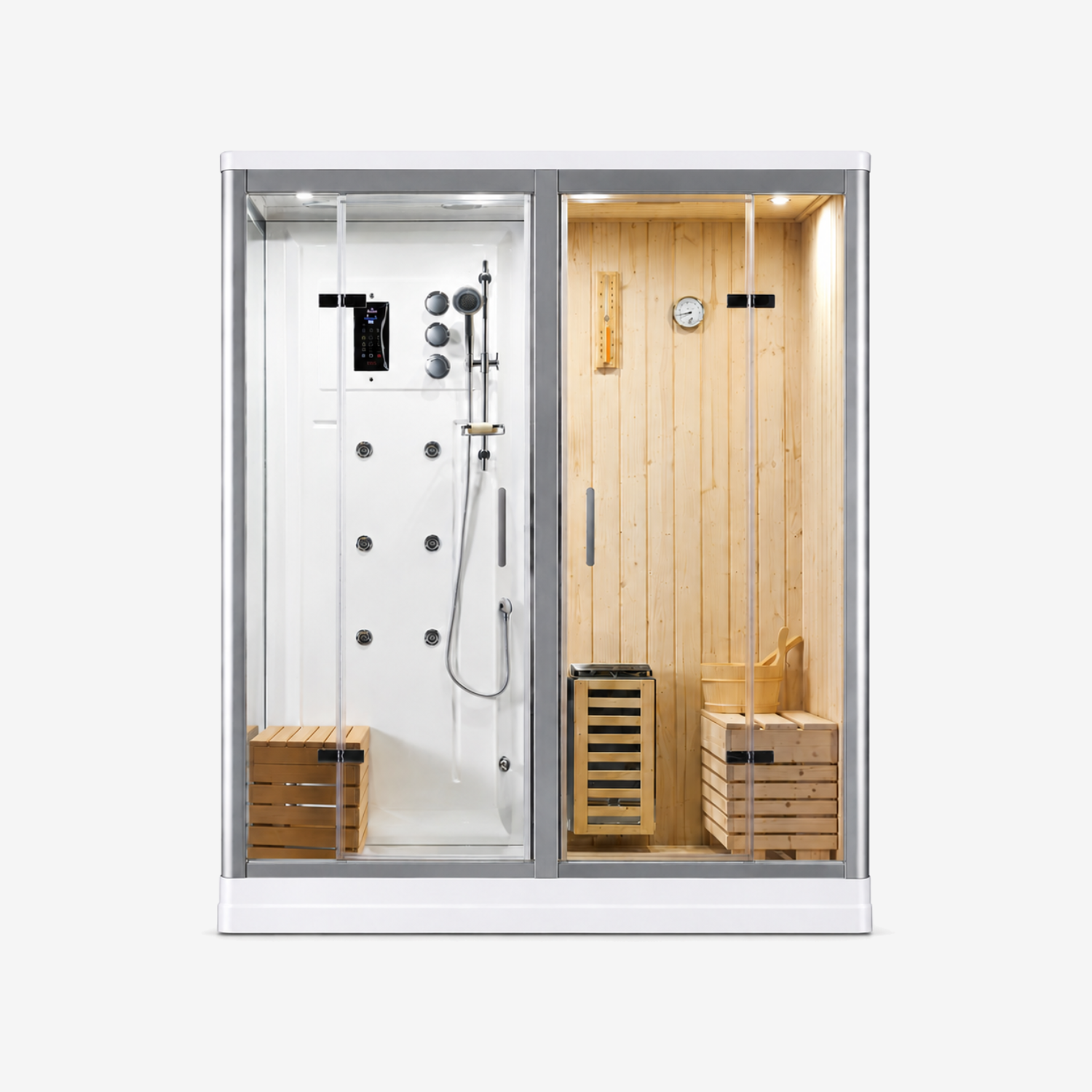 A modern indoor sauna and shower cabin with a glass door, white shower area on the left, light wood-paneled sauna room on the right, wooden benches, and a metal frame around the unit, shown on a plain light gray background.