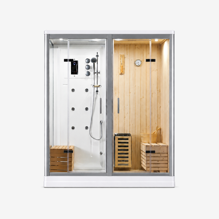 A modern indoor sauna and shower cabin with a glass door, white shower area on the left, light wood-paneled sauna room on the right, wooden benches, and a metal frame around the unit, shown on a plain light gray background.