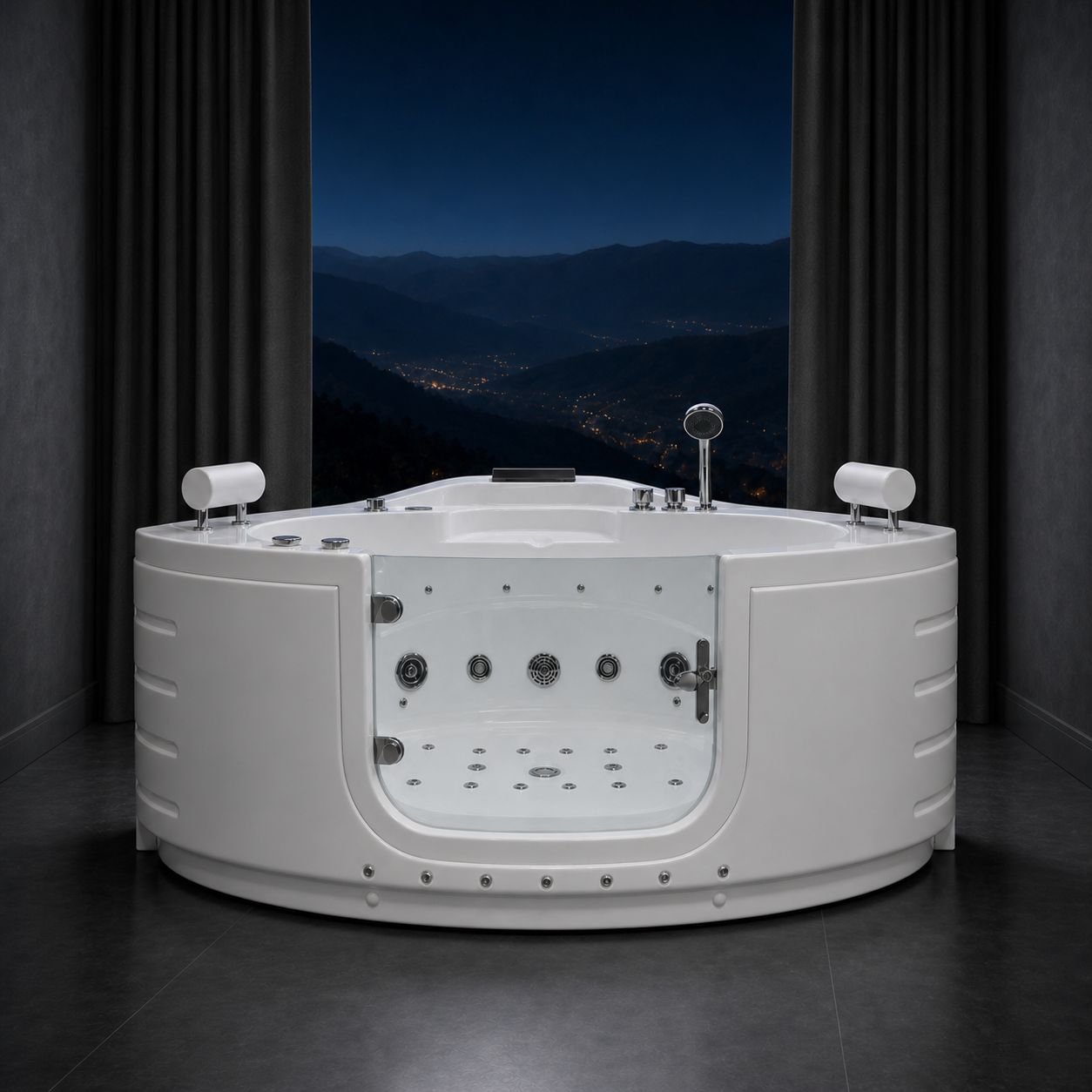 A white round corner spa bathtub with multiple jet nozzles, a handheld shower, and side headrests, positioned in front of a large window showing a night mountain landscape.