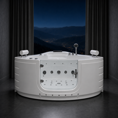 A white round corner spa bathtub with multiple jet nozzles, a handheld shower, and side headrests, positioned in front of a large window showing a night mountain landscape.