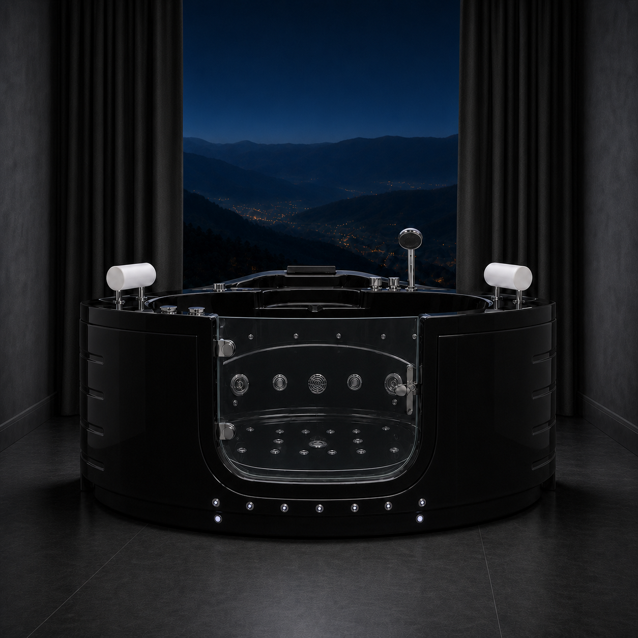 A round black hot tub with chrome jets and side-mounted white cup holders, set in a dark bathroom with curtains and a night-sky mountain view visible behind it.