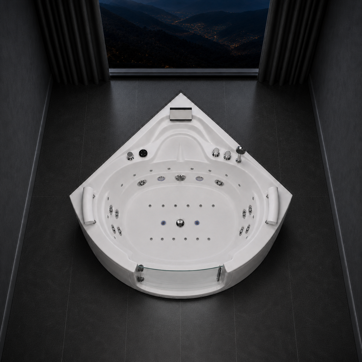 A white corner spa bathtub with multiple jet nozzles and built-in armrests, shown from an overhead angle in a dark modern bathroom setting.