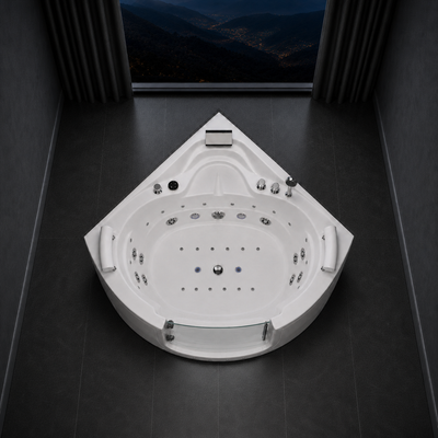 A white corner spa bathtub with multiple jet nozzles and built-in armrests, shown from an overhead angle in a dark modern bathroom setting.