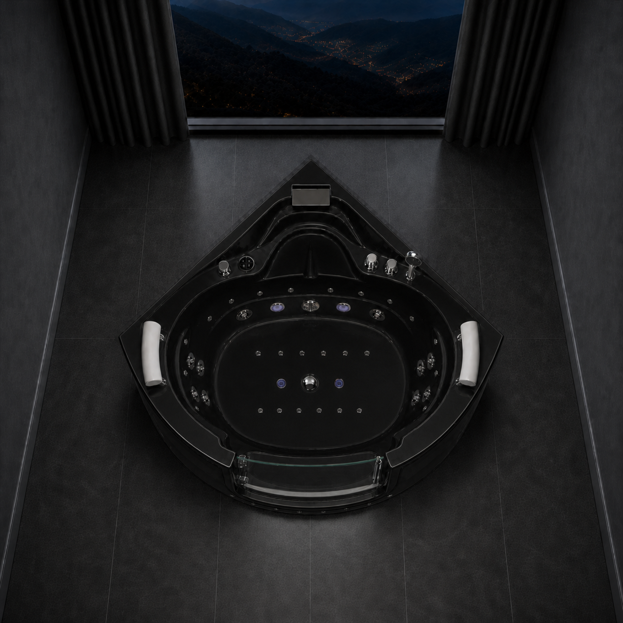 A black triangular corner jacuzzi bathtub with multiple built-in jets and white armrests, shown from an overhead angle in a dark modern bathroom with a window view of a night landscape.