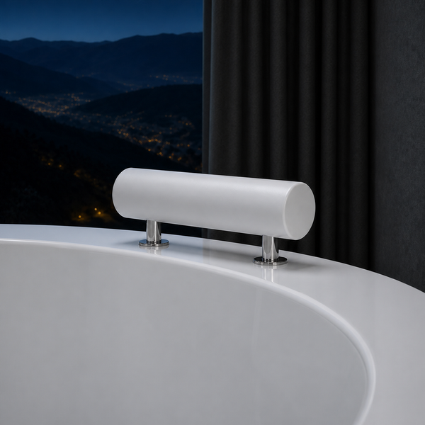 A modern white cylindrical bathtub safety rail mounted on silver metal posts, set against a dark window view of a mountainous night landscape and black curtains.