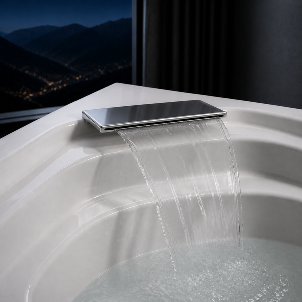 A rectangular chrome waterfall faucet installed on the rim of a white bathtub, with water flowing into the tub. A dark window showing a nighttime mountain scene is visible in the background.