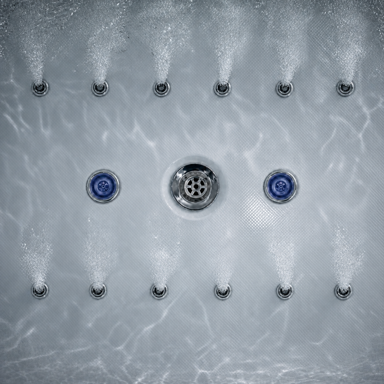 Top-down view of a stainless steel hot tub or jet spa with multiple water jets spraying upward and two blue control knobs in the center.