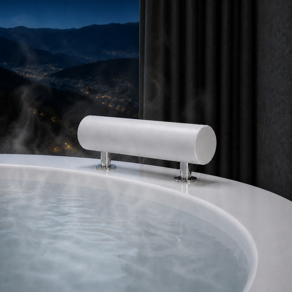 A white cylindrical bathtub safety rail mounted on a white tub rim with water and steam visible, set against a dark curtain and a nighttime mountain cityscape background.