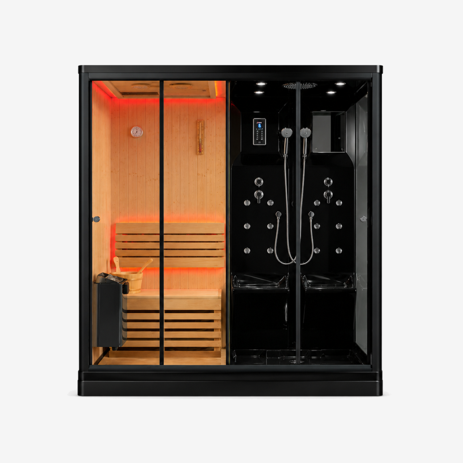 A modern steam sauna combination with touchscreen lcd display and showerheads.