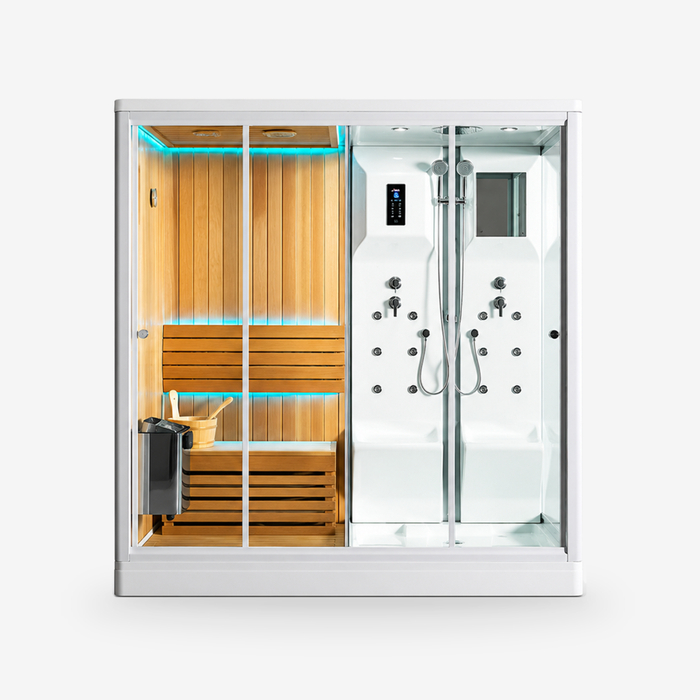 A modern white steam sauna combination with touchscreen lcd display with shower heads and rainfall shower.