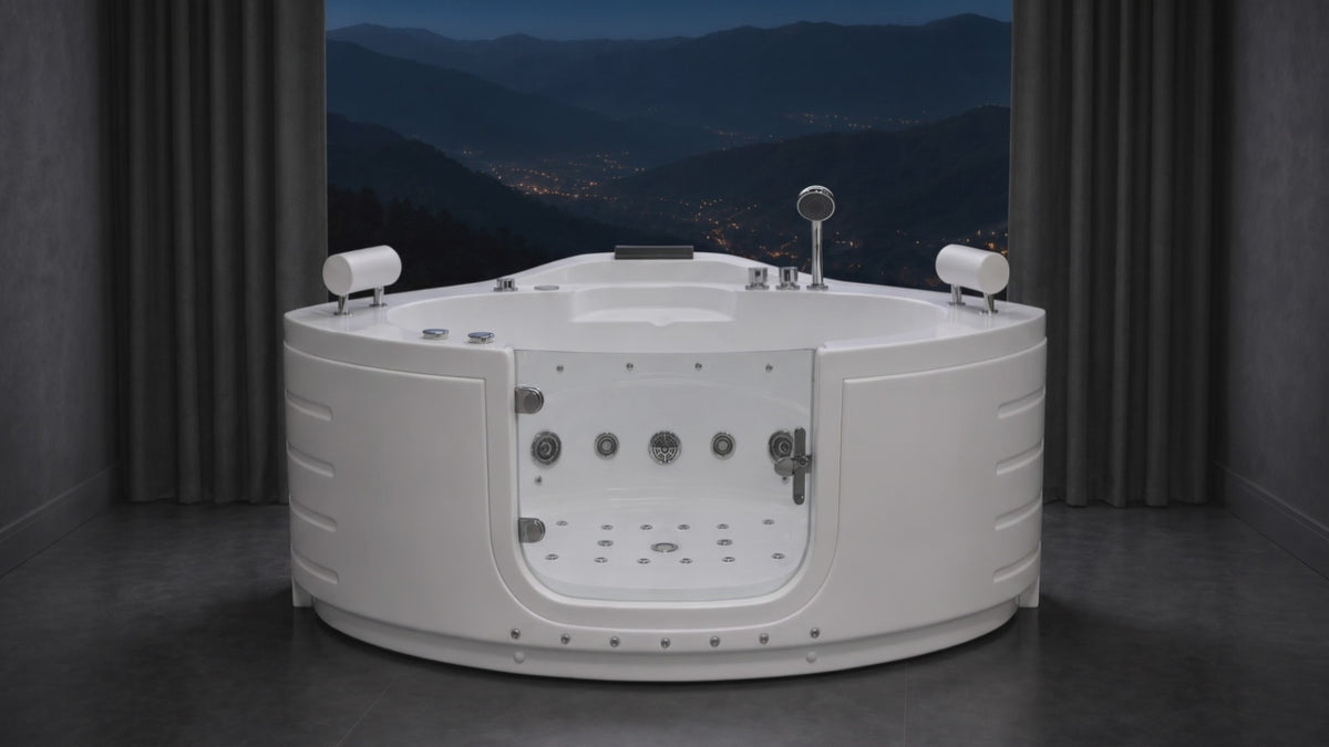 maya bath sorrento bath tub with lcd touchscreen, waterfall inlet, handheld shower head, whirlpool bath tub with massage jets and headrests.
