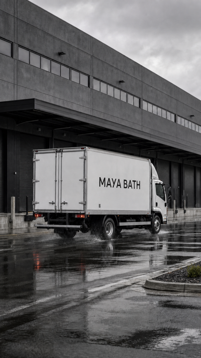 A white box truck with 'MAYA BATH' printed in black on the side, driving on a wet paved area in front of a large gray industrial building under an overcast sky.