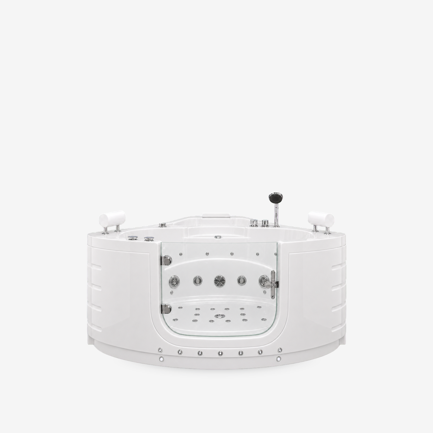 A white corner spa bathtub with built-in jets, side controls, and a handheld shower attachment, shown on a light gray background.