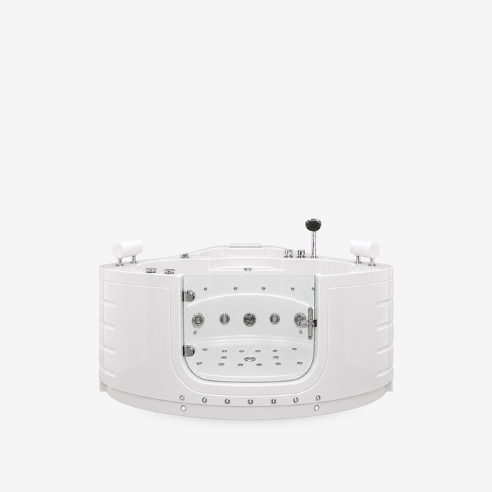 A white corner spa bathtub with built-in jets, side controls, and a handheld shower attachment, shown on a light gray background.