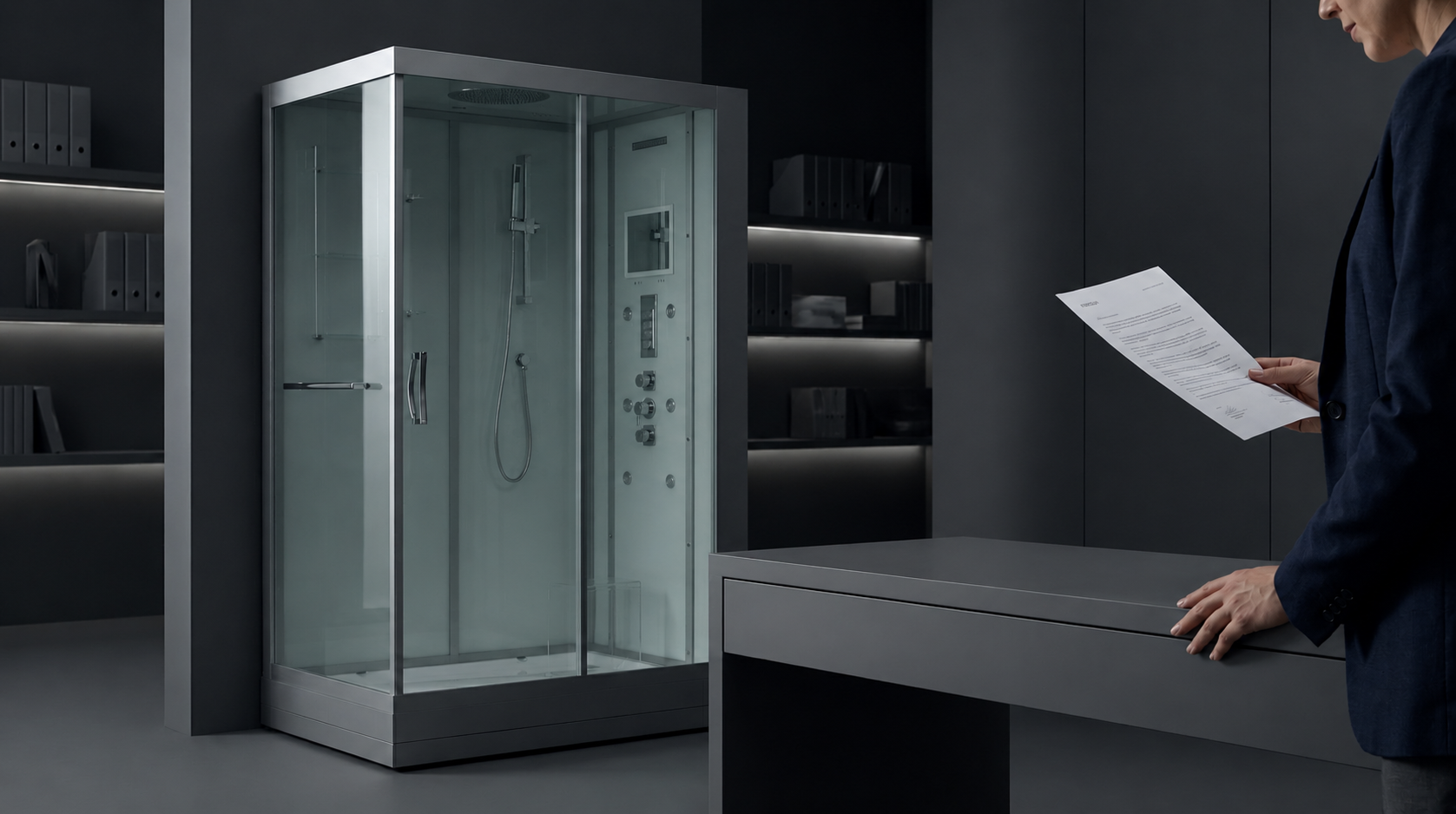 A modern walk-in shower cabin with a glass door and interior lighting, shown in a dark showroom. A person in a navy blazer stands at a desk holding a document nearby.