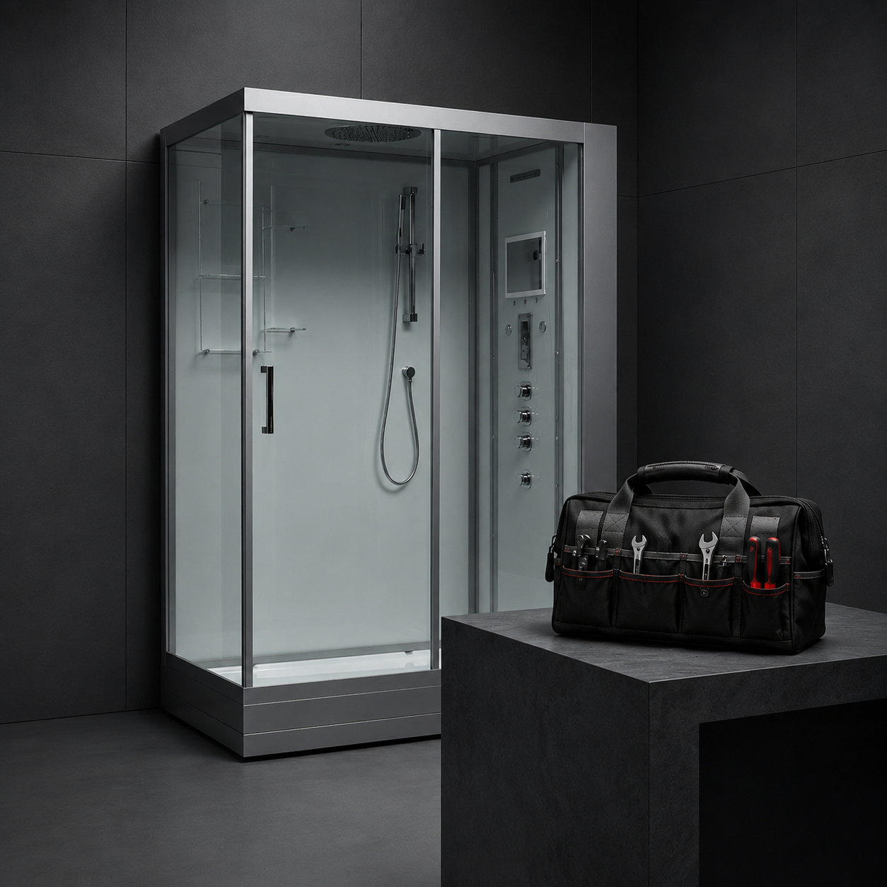 A modern glass walk-in shower enclosure with a silver metal frame stands against a dark gray tiled wall. A black tool bag with tools sits on a dark gray pedestal in the foreground.