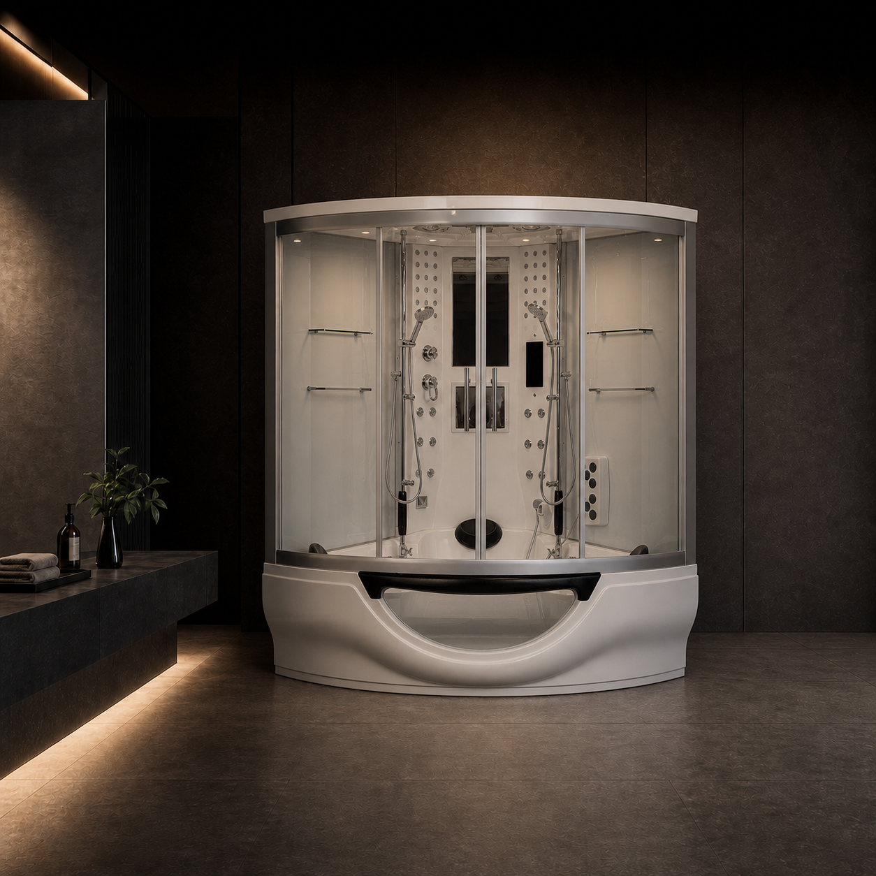 A modern curved corner shower cabin with a white base and clear glass walls, featuring multiple built-in shower heads, handrails, and ambient lighting, set in a dark, minimalist bathroom interior.