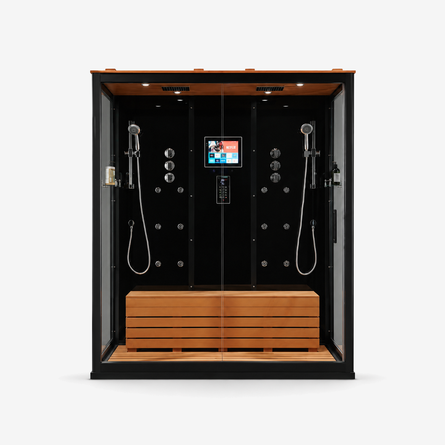 A modern freestanding hot spring steam room with a black frame and wood-look interior and bench, shown on a light gray background.