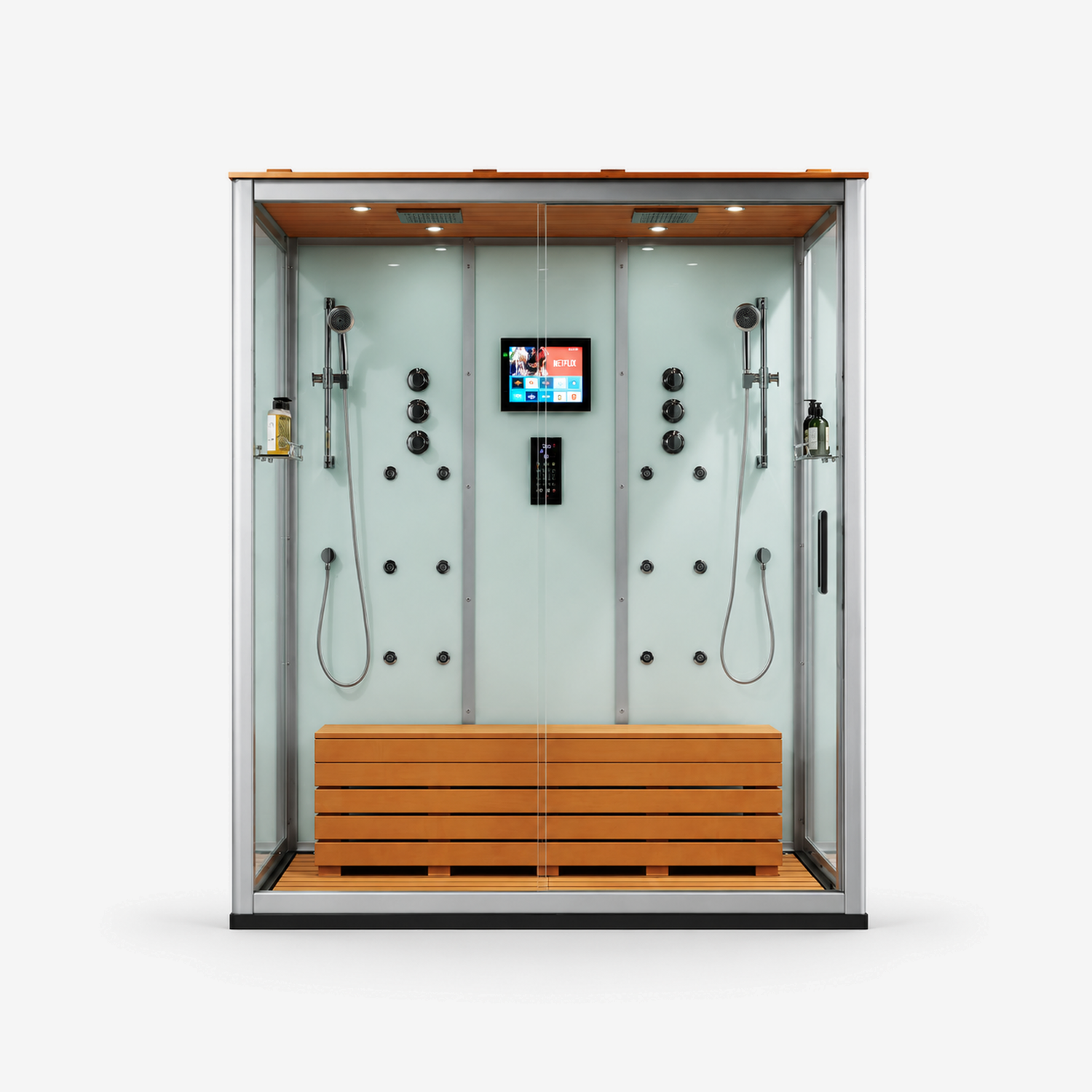 A modern glass shower cabin with a wood-look interior, dual handheld showerheads, a built-in bench, and a central control screen, shown on a light gray background.