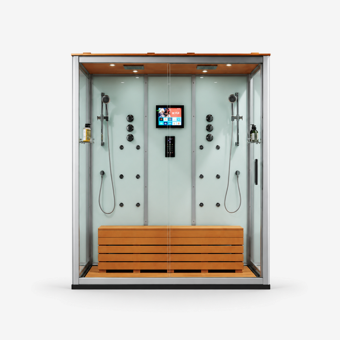 A modern glass shower cabin with a wood-look interior, dual handheld showerheads, a built-in bench, and a central control screen, shown on a light gray background.