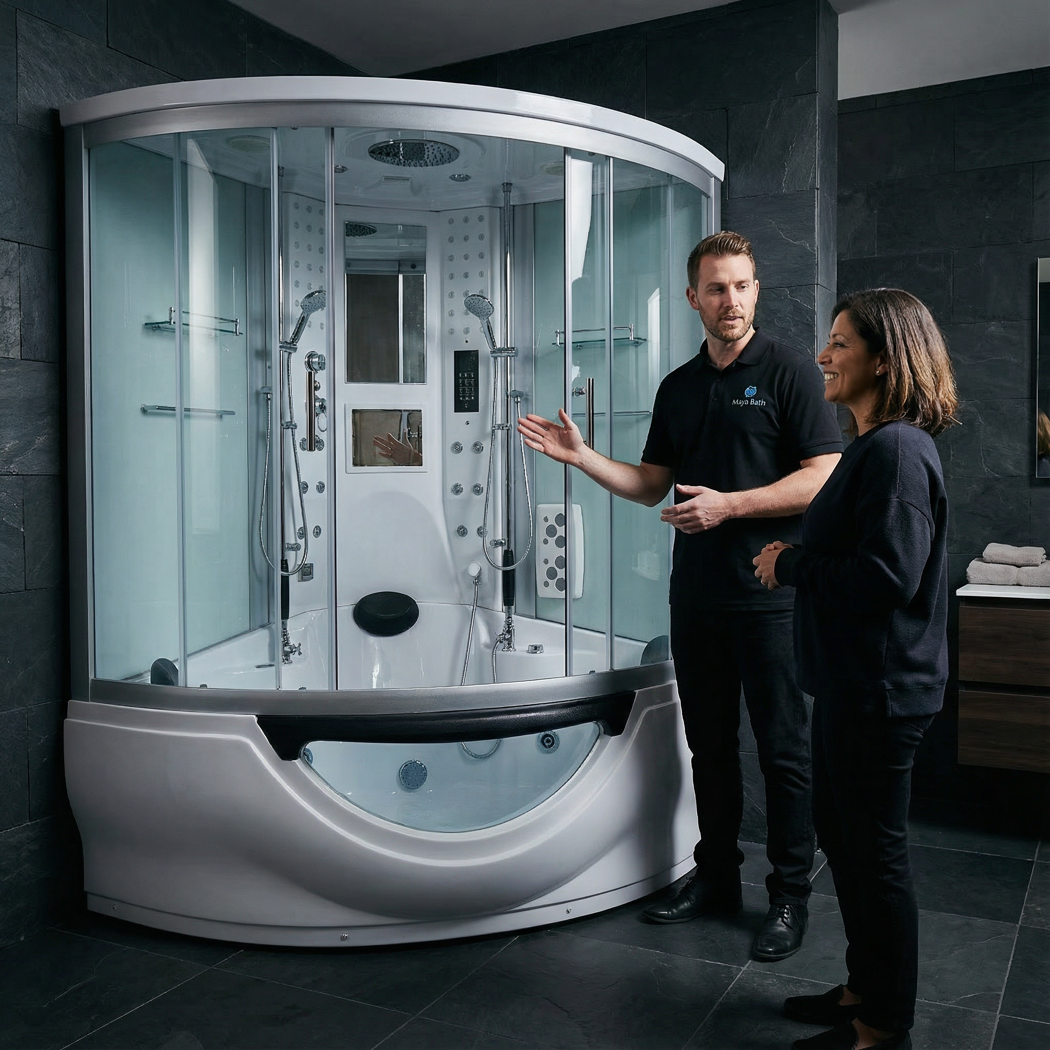 Two people discussing a modern shower cabin in a bathroom setting.