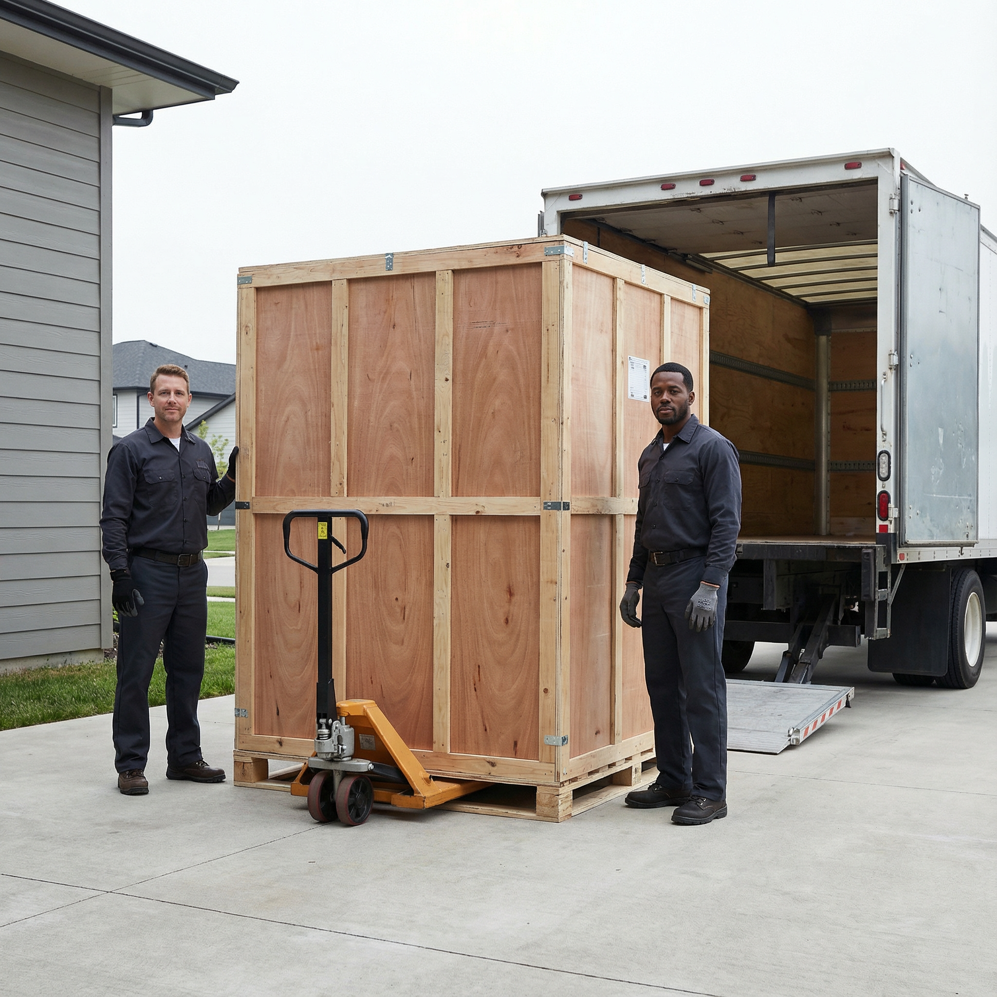 Two men standing next to a large wooden crate in front of a moving truck.
