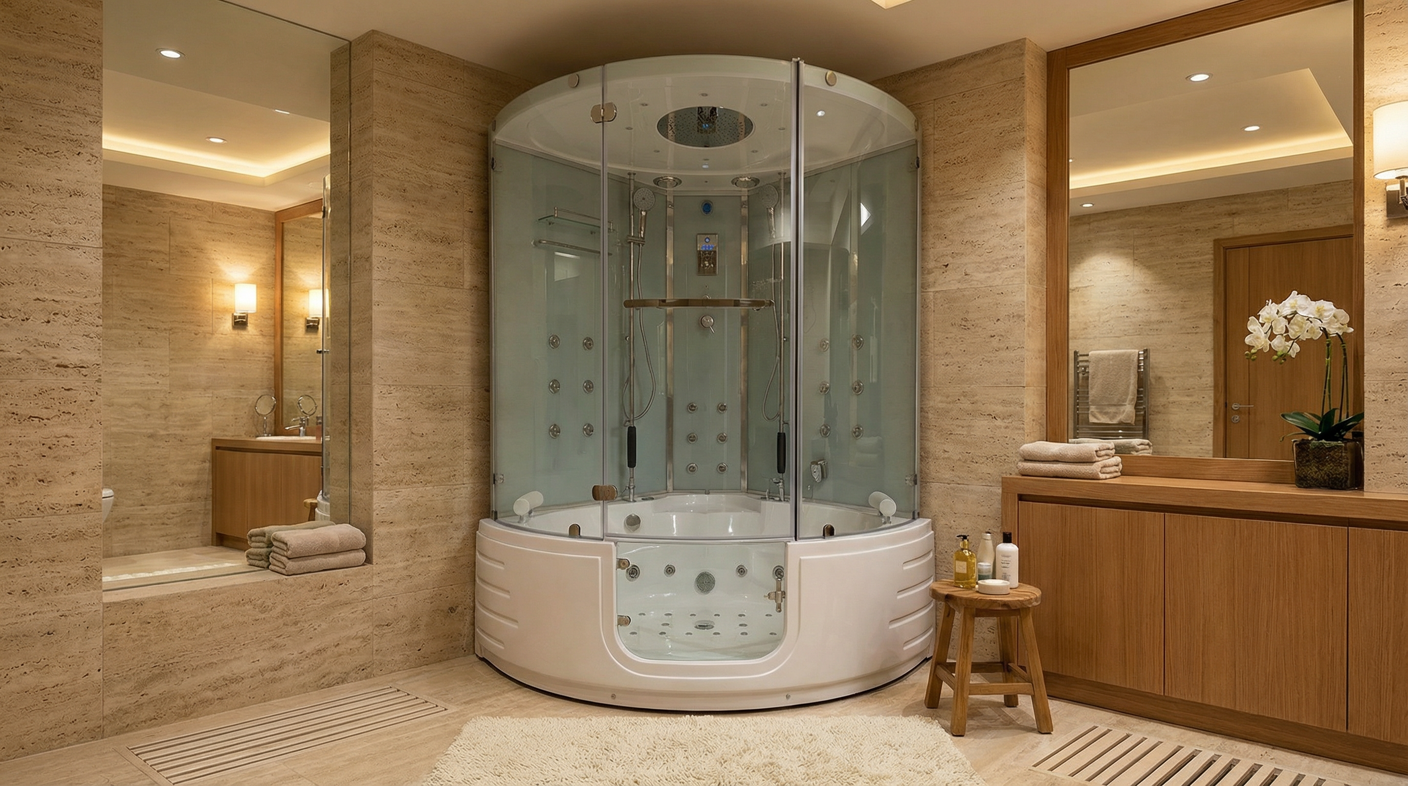 Modern bathroom with a corner shower cabin, wooden vanity, and decorative elements.