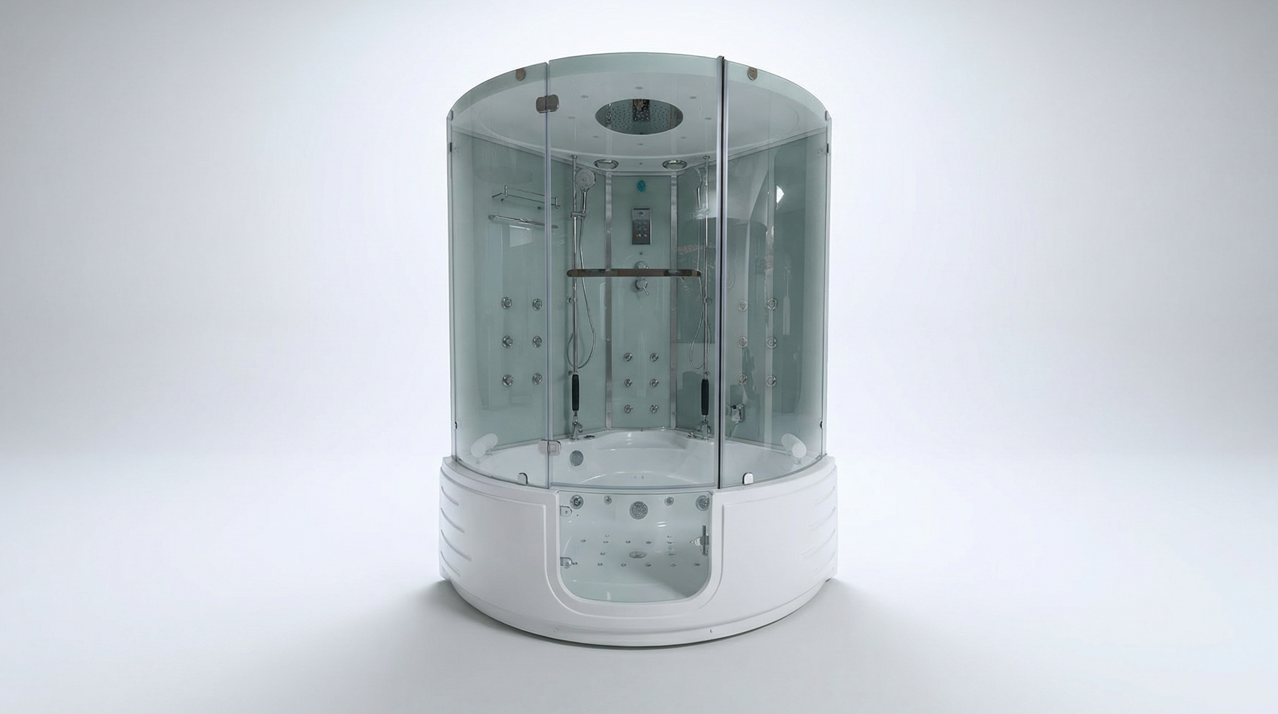 Corner shower cabin with glass walls on a white background