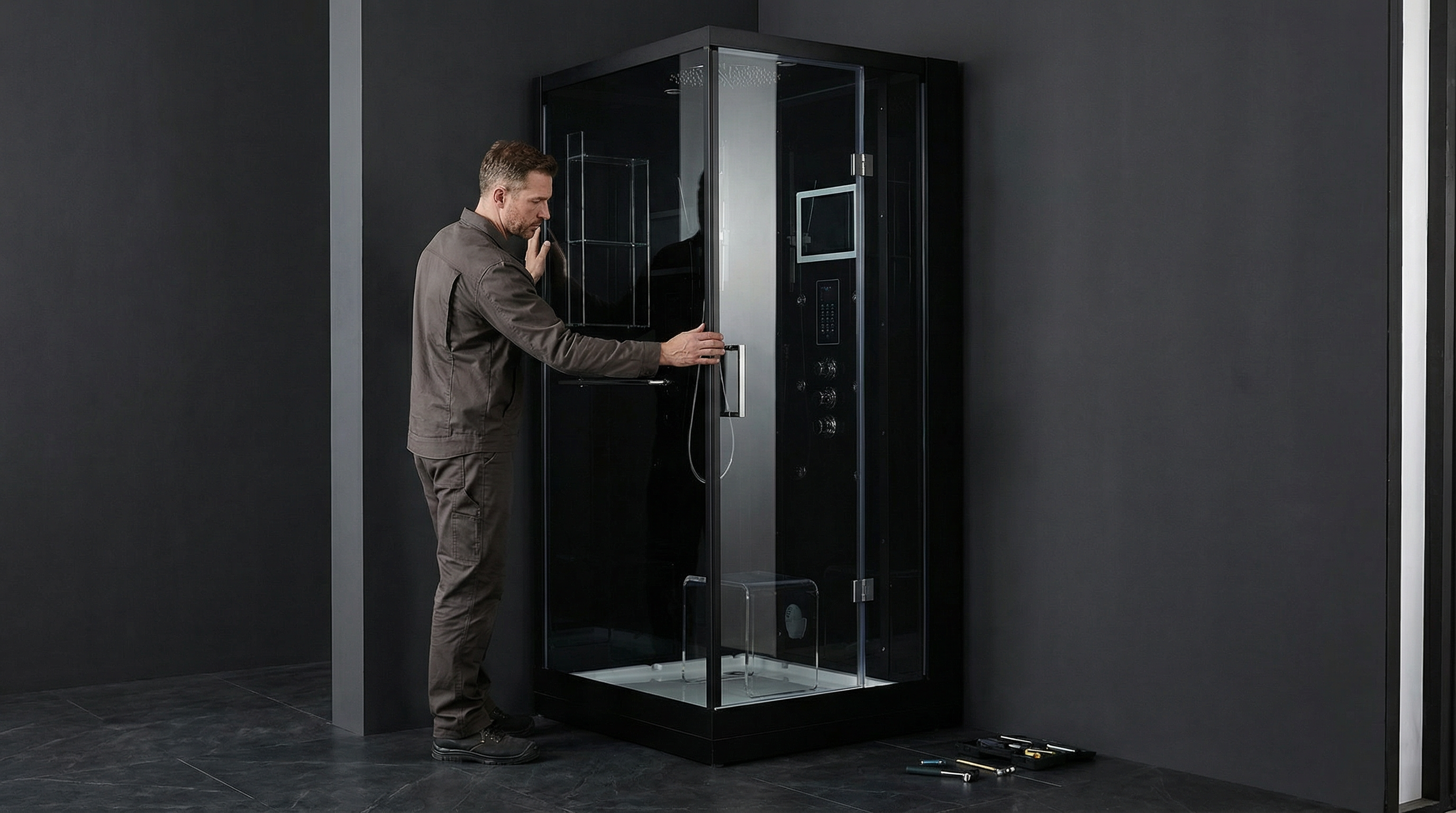 Person interacting with a modern shower enclosure in a dark room