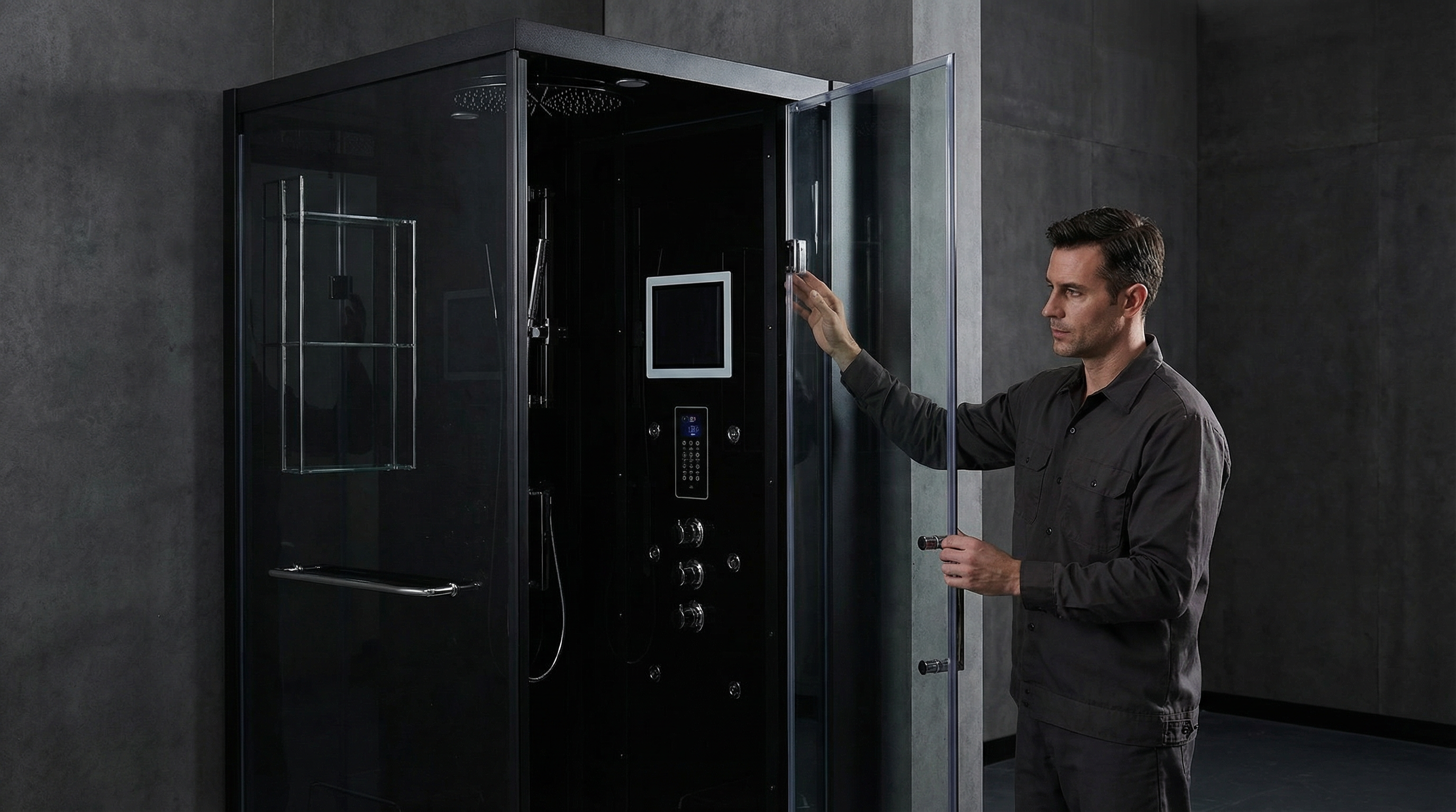 Person opening a modern black shower enclosure in a bathroom.