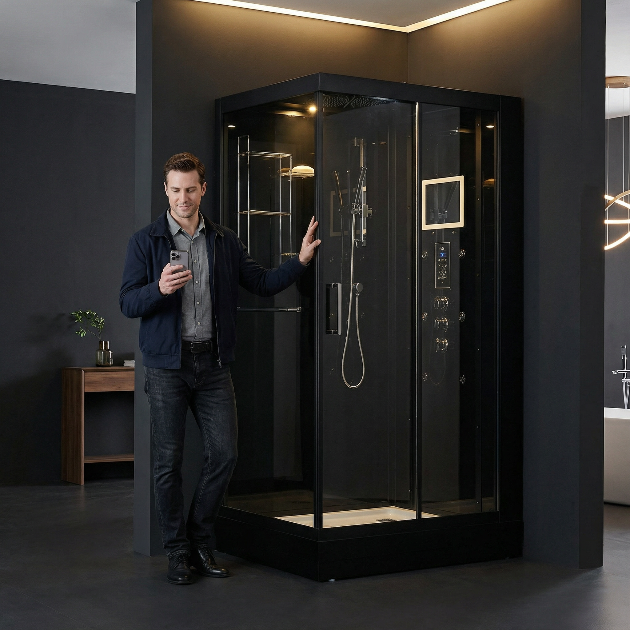 Man standing next to a modern shower enclosure in a bathroom setting